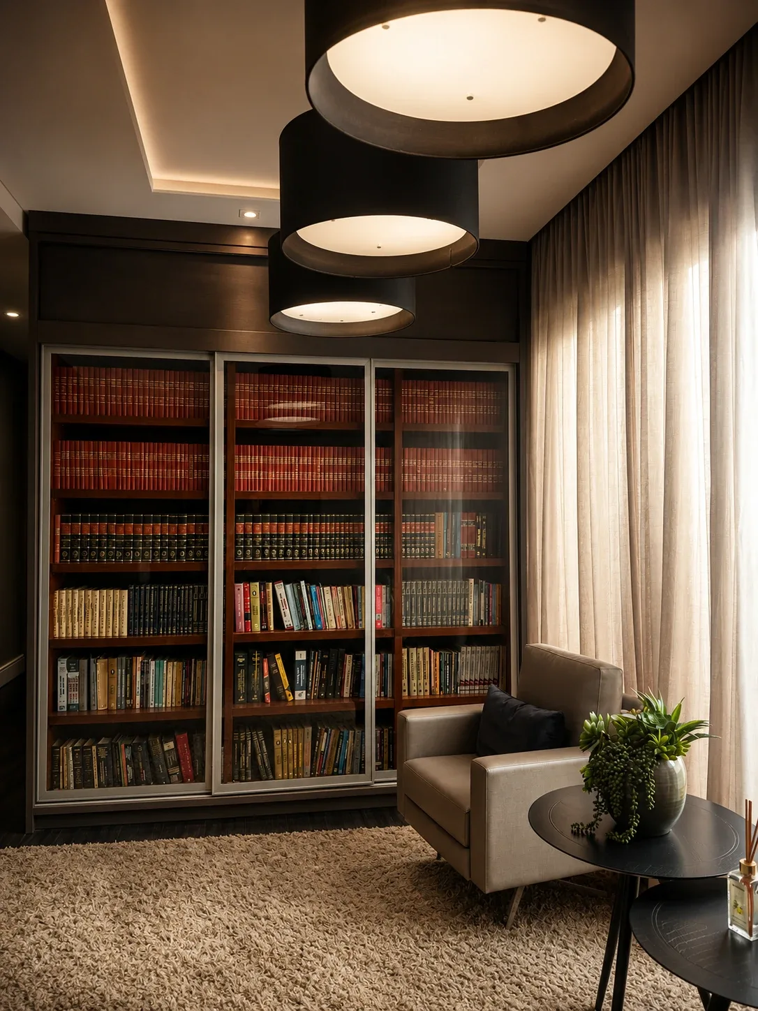 Biblioteca jurídica do escritório, com estantes de livros atrás de portas de vidro e poltrona de leitura.