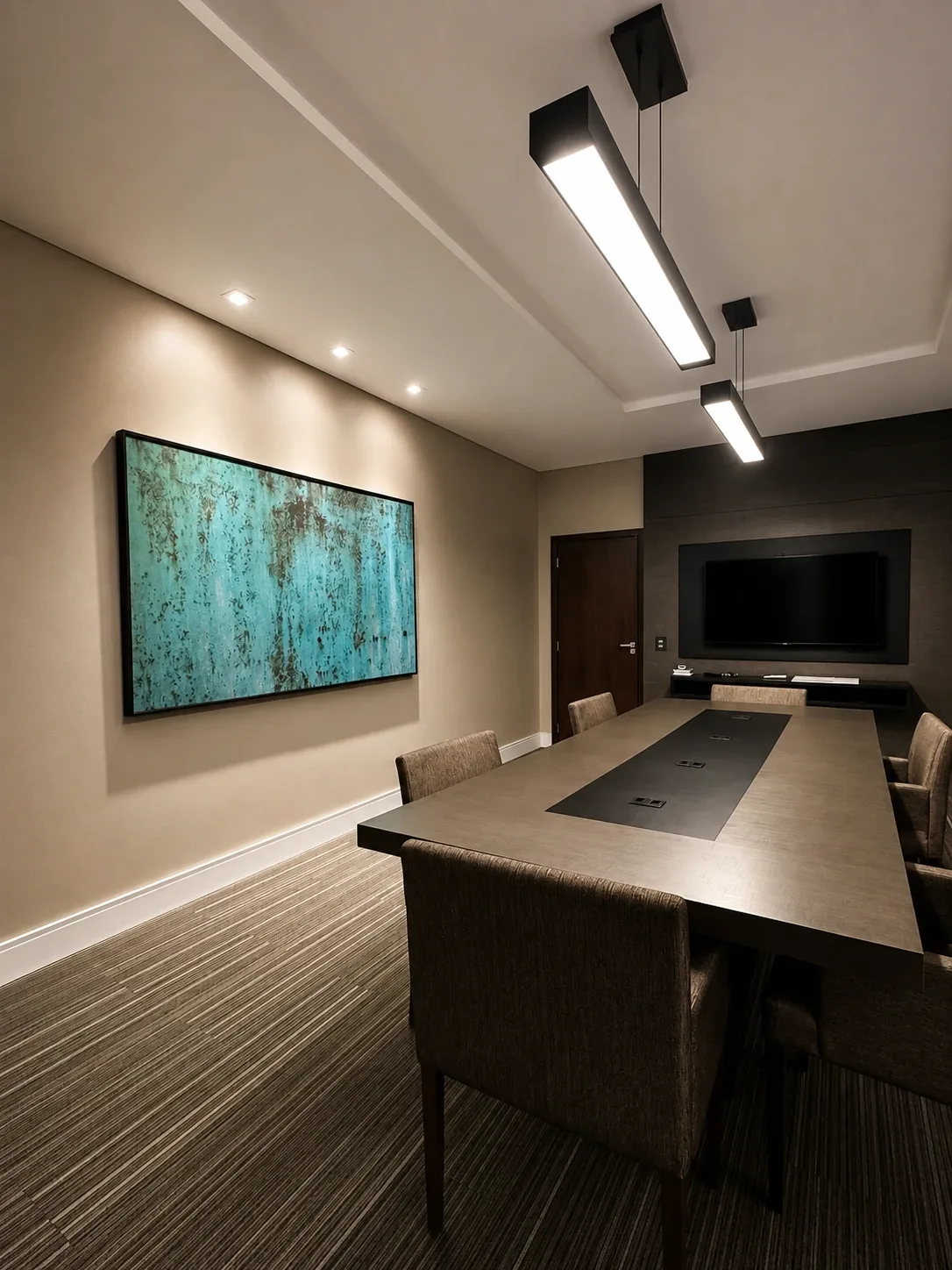 Sala de reunião do escritório, com mesa para seis lugares, quadro em tom turquesa e televisor.